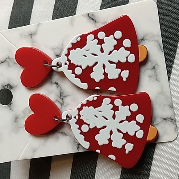 palm springs Jewelry - Acrylic Bell Christmas Earrings 1 x 2 inches Red & white